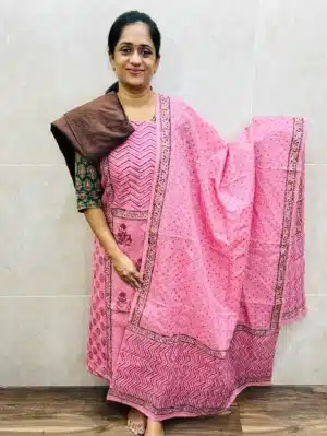 Kota cotton top with allover phulkari embroidery paired with embroidered Kota cotton dupatta and contrast cotton silk bottom