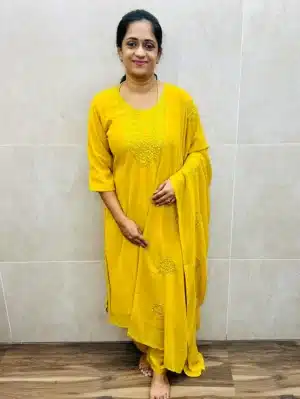 Yellow - Georgette top (full crepe lining) with embroidered yoke paired with embroidered Georgette dupatta and silk bottom (straight cut)