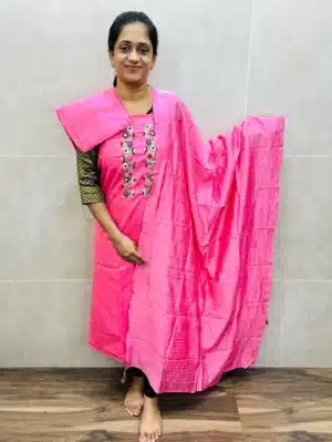 Pure linen top with handworked yoke paired with soft silk dupatta and silk bottom