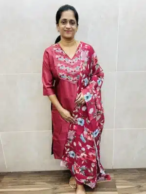 Metallic peach - Soft silk top (crepe lining) with embroidery and crochet lacework on yoke paired with printed linen cotton dupatta and silk bottom (straight cut)