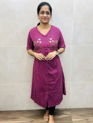 Maroonish purple - Acoba cotton top (crepe lining) with embroidered yoke and 2-side pockets (Aline pattern)