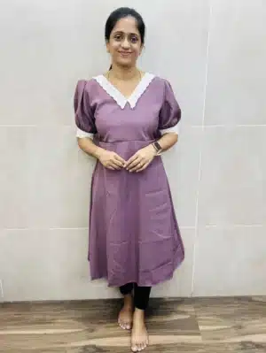 (Light Purple)Imported stretchable Rayon top with crochet lace work on neck and sleeves(Gown pattern)