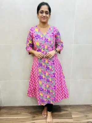 Printed cotton top (cotton lining) with potli work (Panel cut Aline pattern)