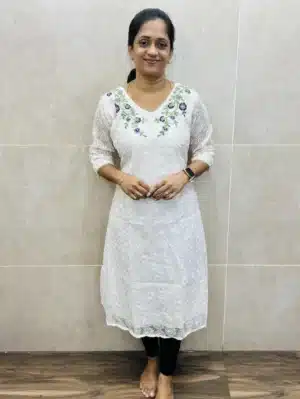 Purple - Soft Kota top (crepe lining) with allover phulkari work and machine embroidery work on yoke (Aline pattern)