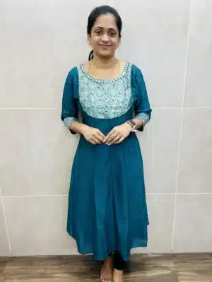 Rama Blue - Soft crepe silk top (crepe lining) with handworked Benaras patchwork on yoke (Anarkali pattern)