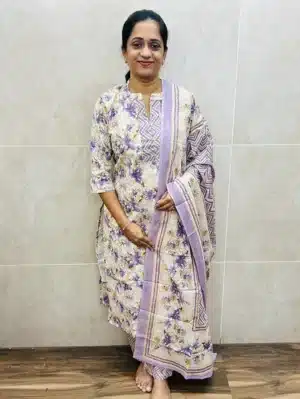 Printed Jaipur cotton top (cotton lining) with potli work on yoke paired with printed cotton dupatta and cotton bottom (straight cut)