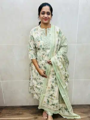 Printed Jaipur cotton top (cotton lining) with potli work on yoke paired with printed cotton dupatta and cotton bottom (straight cut)
