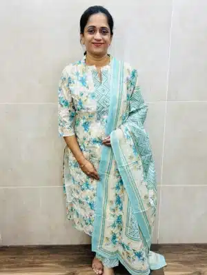 Printed Jaipur cotton top (cotton lining) with potli work on yoke paired with printed cotton dupatta and cotton bottom (straight cut)