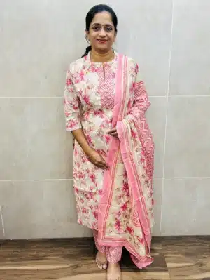 Printed Jaipur cotton top (cotton lining) with potli work on yoke paired with printed cotton dupatta and cotton bottom (straight cut)