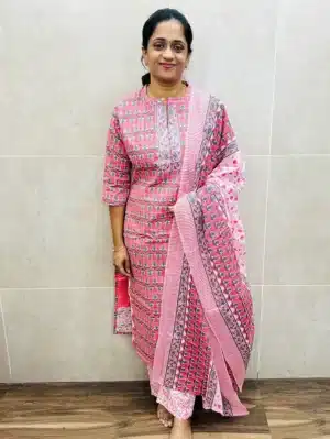 Printed Jaipur cotton top (cotton lining) with potli work on yoke paired with printed cotton dupatta and cotton bottom (straight cut)