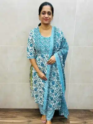 Printed Jaipur cotton top (cotton lining) paired with printed cotton dupatta and cotton bottom (straight cut)
