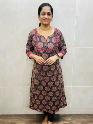 Dark Grey - Ajrakh printed cotton top with Potli work on yoke (Aline pattern)