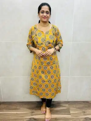 Mustard yellow - Ajrakh printed cotton top with Potli work on yoke (Aline pattern)