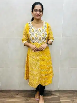 Printed Rayon top (crepe lining) with handworked yoke (Panel cut Anarkali)