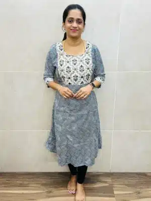 Printed Rayon top (crepe lining) with handworked yoke (Panel cut Anarkali)