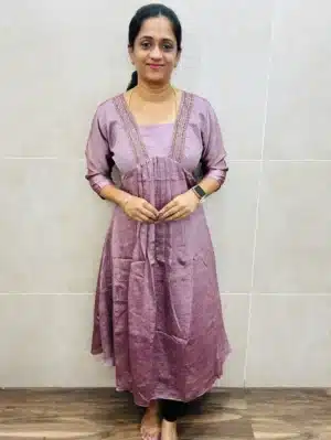 (Metallic Onion pink) Premium silk cotton top(crepe lining) with beautiful handworked yoke(Aline pattern)