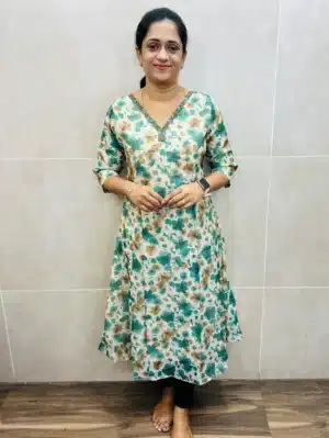 Digital printed soft chanderi silk top(full crepe lining) with pretty handwork on yoke(panel cut Anarkali)