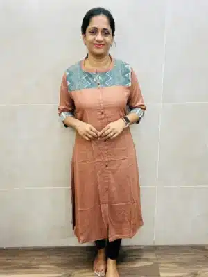 Skin brown - Imported stretchable Rayon top (crepe lining) with textured Rayon patchwork on yoke and all over fancy buttons (Aline pattern)