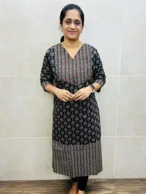 Black - Ajrakh printed cotton top (cotton lining) with mirrorworked yoke (Aline Anarkali pattern)