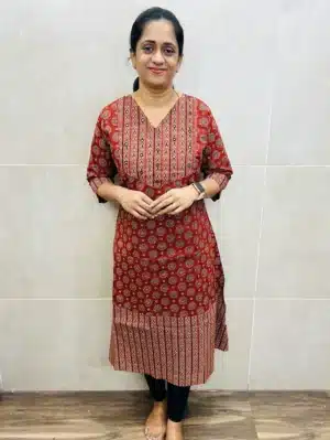 Brick red - Ajrakh printed cotton top (cotton lining) with mirrorworked yoke (Aline Anarkali pattern)