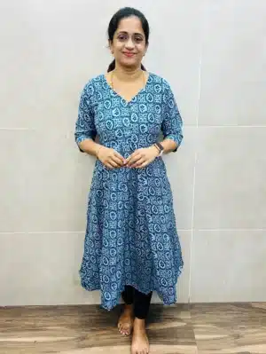 Batik printed soft silk top (cotton lining) with Potli work on yoke (Anarkali pattern)