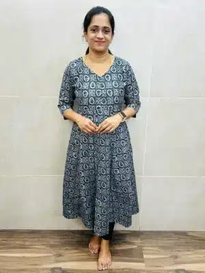 Batik printed soft silk top (cotton lining) with Potli work on yoke (Anarkali pattern)