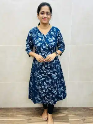 Pattern 2 - Indigo dyed Jaipur cotton top (cotton lining) with Potli work on yoke (straight cut)