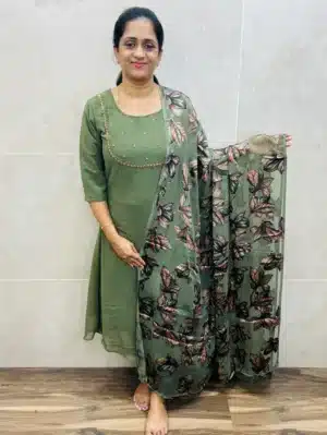 (Light green)Georgette top(full crepe lining)with handworked yoke paired with Georgette brasso dupatta
