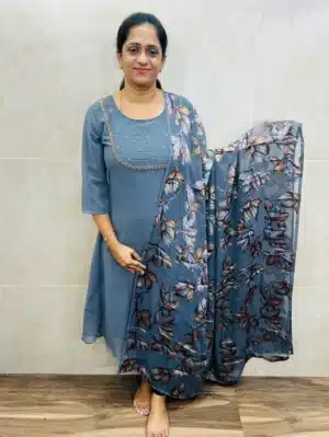 (Cement grey)Georgette top(full crepe lining)with handworked yoke paired with Georgette brasso dupatta