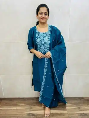 Premium semi tussar top(crepe lining)with embroidered yoke paired with embroidered soft semi tussar silk dupatta and silk bottom(straight cut)