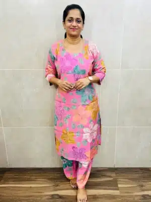 Premium printed soft silk cotton top (cotton lining) with pintuck work on yoke paired with soft silk cotton bottom (palazzo bottom)