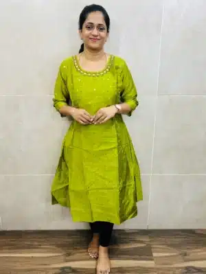 (Parrot green)Premium silk cotton top(cotton lining) with allover zari weaving buttas and handworked yoke(Panel Cut Anarkali)