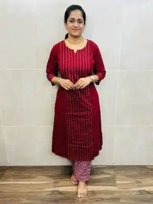 Cotton top with thread work on yoke paired with printed cotton bottom (straight cut)