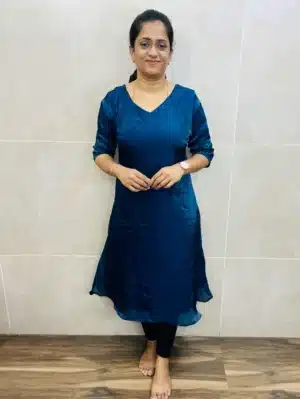 (Peacock blue)Soft georgette organza top(full crepe lining) with embroidered sleeves(Aline pattern)
