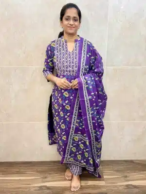 Jaipur cotton top (cotton lining) with handworked yoke paired with printed cotton dupatta and cotton bottom (straight cut)