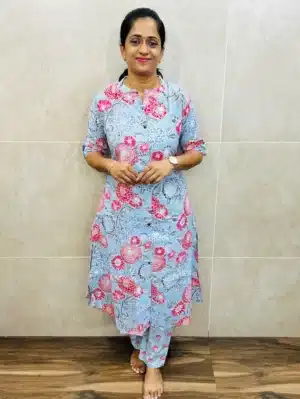 Printed premium cotton top(Aline-cotton lining) paired with all over fancy buttons paired with printed cotton bottom(straight cut)