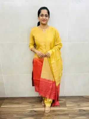 Semi Tussar top (cotton lining) with all over Kantha weaving paired with semi Tussar dupatta and semi Tussar bottom (free size)