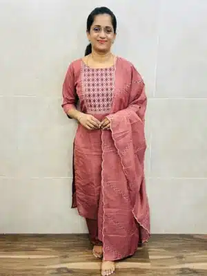 Soft semi Tussar top (full crepe lining) with embroidered yoke paired with embroidered semi Tussar dupatta and silk bottom (straight cut)