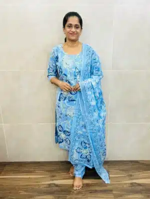 Printed Jaipur cotton top (cotton lining) with pintuck in yoke paired with printed cotton dupatta and printed cotton bottom (free size)