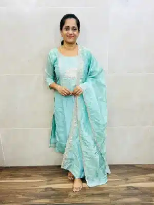 Soft velvet organza top(crepe lining) with exclusive embroidery on yoke paired with embroidered velvet organza dupatta and silk bottom(straight cut)