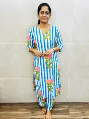 Printed cotton top paired with printed cotton bottom (straight cut)