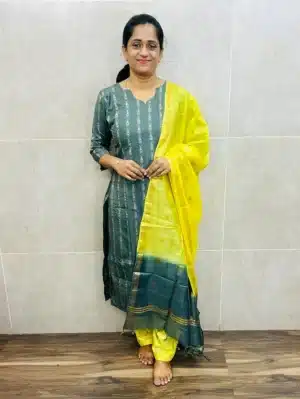 Semi Tussar top (cotton lining) with all over thread weaving paired with zari weaved semi Tussar dupatta and Santoon bottom (free size)