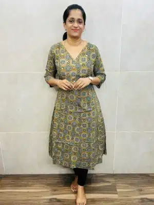 Mustard Yellow - Printed cotton top (cotton lining) with handworked yoke (Anarkali pattern)