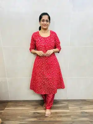 (Red)Ajrakh cotton top(cotton lining) with potli work on yoke paired with ajrakh cotton semi palazzo bottom(Panel cut Anarkali)