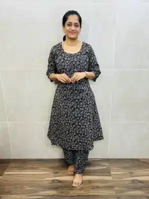 (Black)Ajrakh cotton top(cotton lining) with potli work on yoke paired with ajrakh cotton semi palazzo bottom(Panel cut Anarkali)