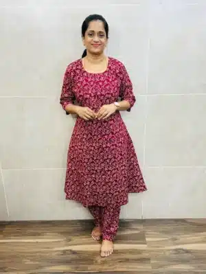 (Maroon)Ajrakh cotton top(cotton lining) with potli work on yoke paired with ajrakh cotton semi palazzo bottom(Panel cut Anarkali)