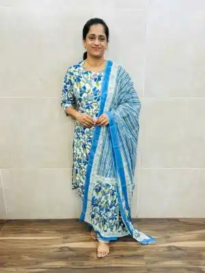 Printed jaipur cotton(cotton lining) top paired with printed cotton dupatta and cotton bottom(free size)