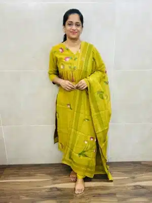 Yellowish green - Premium linen cotton top(crepe lining) with brush paint pattern paired with linen cotton dupatta and silk bottom(straight cut)