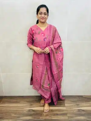 Dark onion pink - Premium linen cotton top(crepe lining) with brush paint pattern paired with linen cotton dupatta and silk bottom(straight cut)