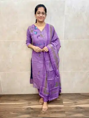 Light purple - Premium linen cotton top(crepe lining) with brush paint pattern paired with linen cotton dupatta and silk bottom(straight cut)
